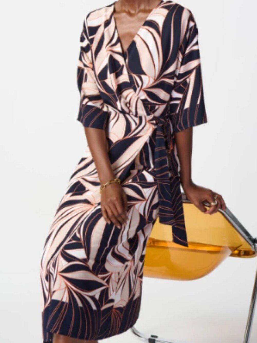 NWT! Joseph Ribkoff Midnight Blue/Multi Tropical Print Wrap Dress Size 14 $270